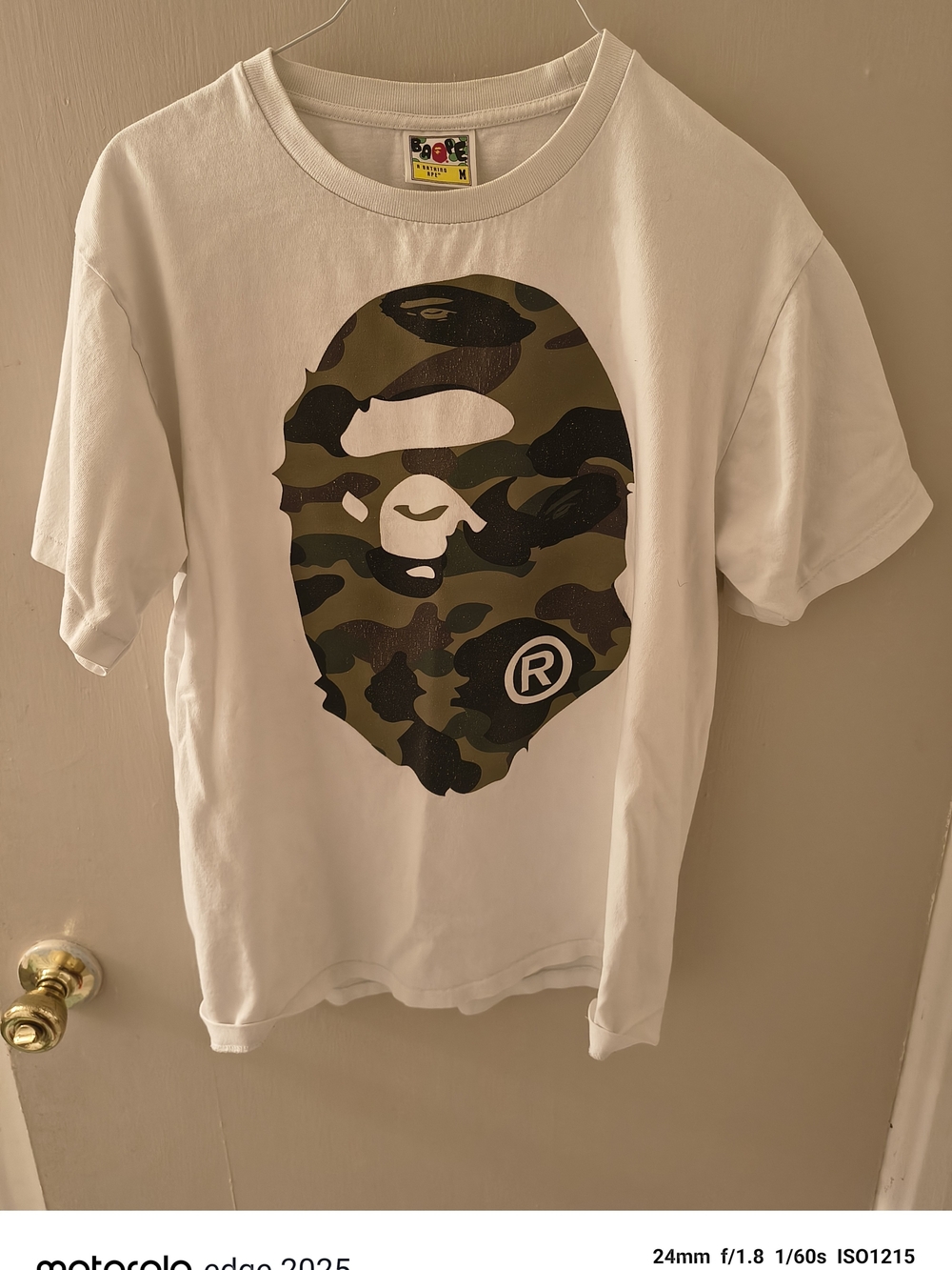 Bape White Tee with Green Camo Ape Head Graphic